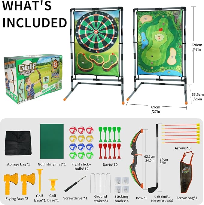 Golf Chipping Game with Stand, Multi-Sport Golf Practice Set with Archery,Hatchet,Darts,Double-Sided Hitting Mat for Backyard Fun, Indoor/Outdoor Sports Toy for Kids & Adults