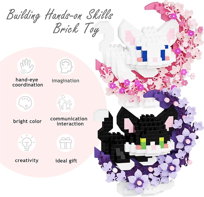 2 in 1 Mini Building Block Set Animals with Flower and Moon, Micro Brick Toy Cats, Creative Art Craft and Home Decor, Birthday Gifts Idea for Adults