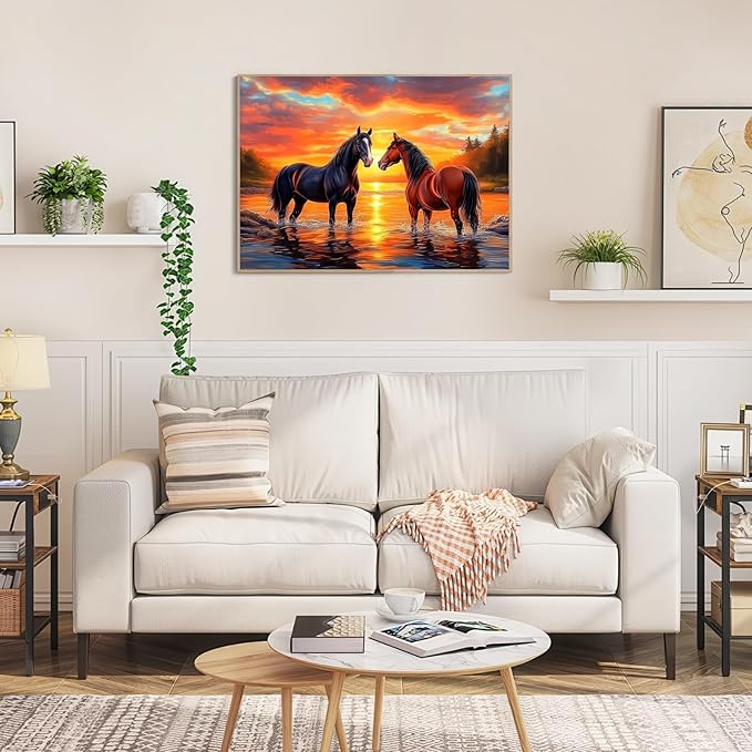 Puzzles for Adults 1000 Pieces, Sunset Horses in Water Romantic Landscape Puzzle, 28x20 Inch Challenging Animal Art Puzzle, Premium Family Game Decor & Gift