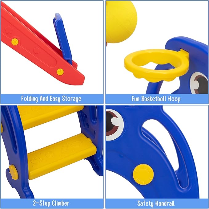 TOBBI Slide for Toddlers Ages 1-3 Indoor Outdoor w/Basketball Hoop & Ball, Baby Slide Playset for Backyard, Freestanding Slide Climber Toys for Kids, Red