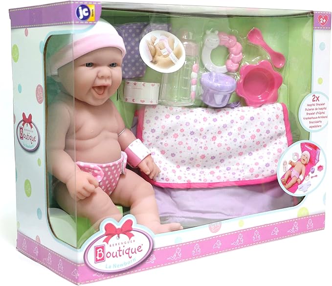 10 Piece Deluxe Diaper Bag Gift Set | Feat. 13" Realistic Smiling Baby Newborn Doll | La Newborn - JC Toys | All Vinyl | Washable | Ages 2+, Pink