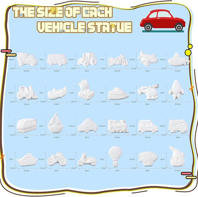 GloomGlo Transportation Theme Kids Paint Kit - White Plaster Vehicles with Complete Paint Set, Brushes & Palettes | Educational Arts Crafts Supplies