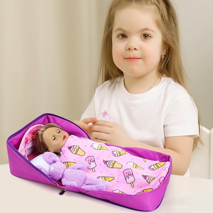 Ecore Fun 18 Inch Doll Clothes and Accessories, Bedding Accessories (8pcs) - Multi-Functional Sling Bag(Unfold Into A Bed), Pajamas, Slippers, Pillow, Blanket, Toy Rabbit, Hairband