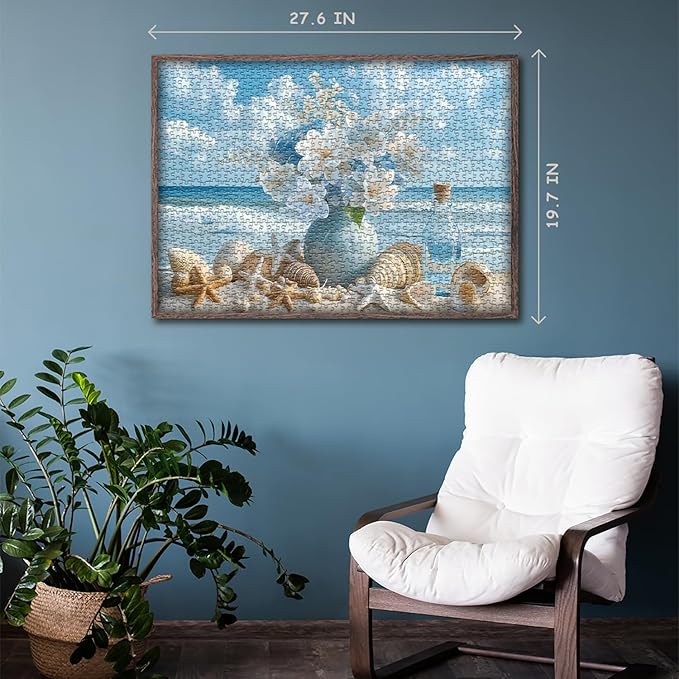 PICKFORU Beach Puzzles for Adults 1000 Pieces, Summer Ocean Flower Jigsaw Puzzle, Shell Starfish Marine Themed Challenging for Adults