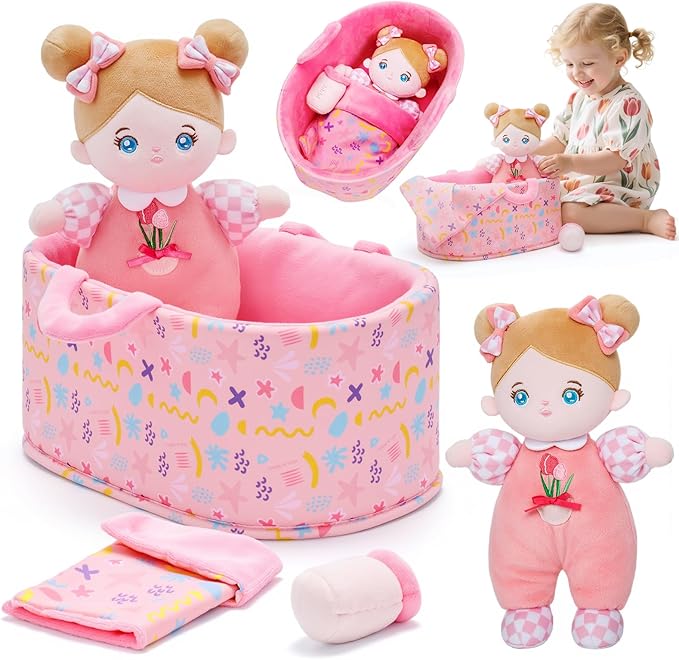 OUOZZZ Baby Doll Accessories with Soft Doll, Bassinet, Blanket and Bottle, Interactive Pretend Playset for Social Emotional Learning, Perfect Birthday Toy & Gift for 2 Year Old Girls