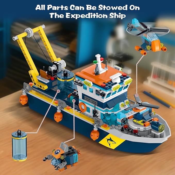 City Floatable Boat Building Set with LED Light - Ocean Arctic Explorer Ship Building Block Kit with Helicopter, Sub Exploration Toy Adventure Set Birthday Gift for Kids Boys Girls 6 7 8 9 10+