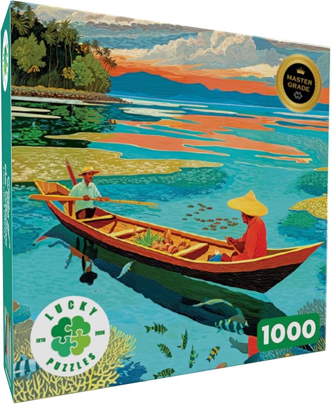 Lucky Puzzles - Tides of The Tropics - 1000 Piece Jigsaw Puzzle for Adults | Colourful Coral Reef & Canoe Scene | Unique Ocean Puzzle | Perfect Brain Teaser Gift for Adults