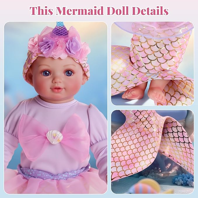 BABESIDE Mermaid Baby Doll - 17-Inch Realistic Soft Baby Dolls with Playful Mermaid Tail & Accessories Easy to Carry Mermaid Toys for 3+ 4 5 6 7 8 9 Years Girls Birthday Gift, Pretend Play & Christmas