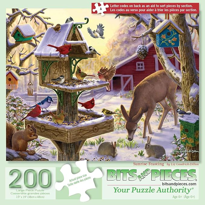 Bits and Pieces – 200 Piece Jigsaw Puzzle for Adults – Sunrise Feasting - Winter Barn Deer Jigsaw Puzzle by Liz Goodrick - Dillon, Completed Puzzle Size: 15" x 19"