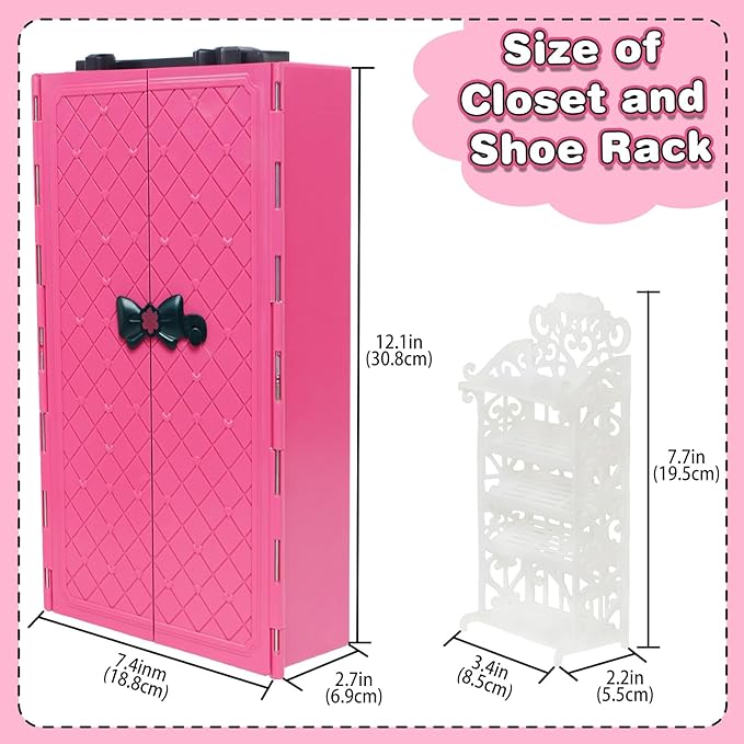 127pcs Doll Clothes Accessories and Closet for 11.5 inch Girl Doll,Dollhouse Wardrobe Storage Fashion Dress Gowns Outfits Swimsuits Tops Bottoms Shoe Rack High Heels Hangers Necklaces for 1/6 Dolls