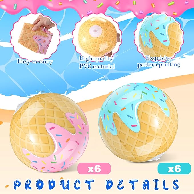 12 Pack Ice Cream Themed Beach Ball 7.87" Bulk for Summer Pool and Beach Game Gifts and Birthday Party Supplies Decorations Favor