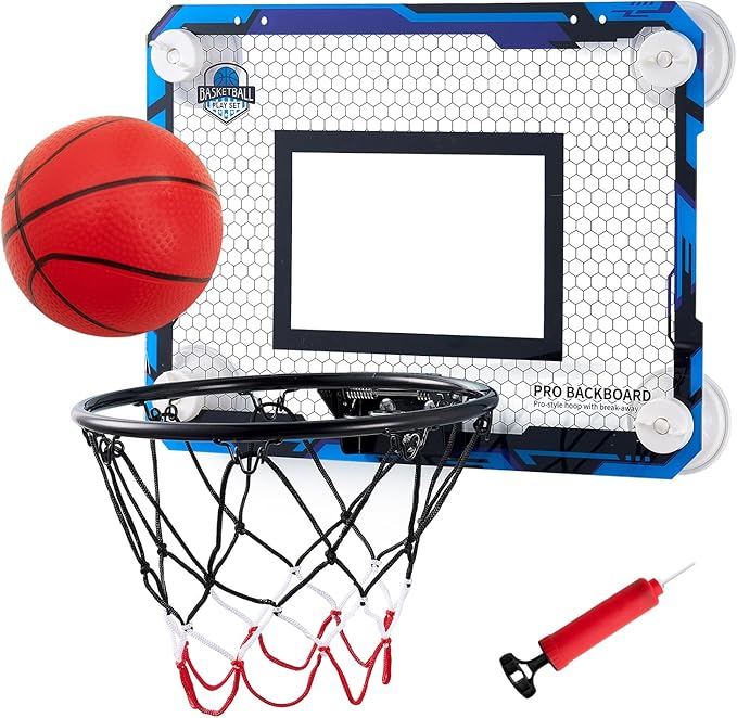BOHEN Indoor Mini Basketball Hoops with Powerful Suction Cup, Stick to Windows, Wooden Doors, Smooth Walls - Basketball Backboard Indoor Bedroom Office for Kids Teens Adults