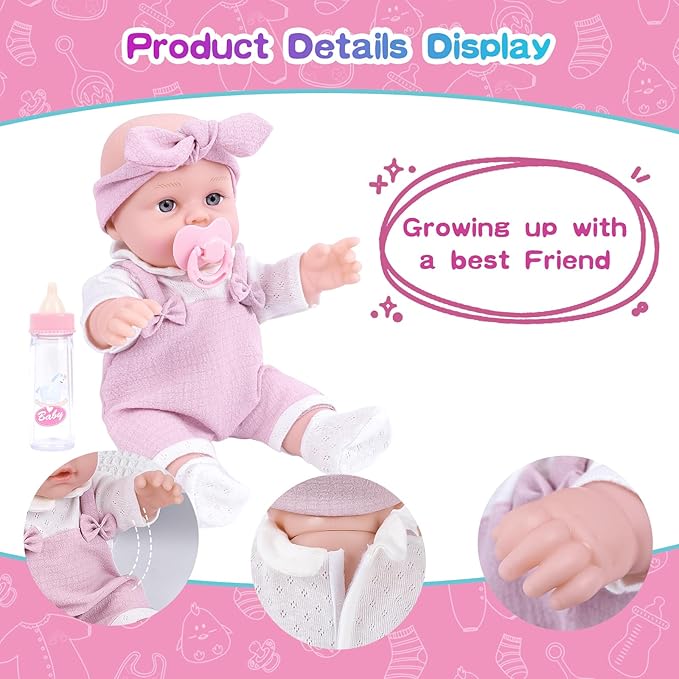 BDDOLL 12'' Baby Doll Playset with Clothes and Dolls Carrier Accessories Included Baby Carrier, Bottles, Nipple, Socks, Headbands