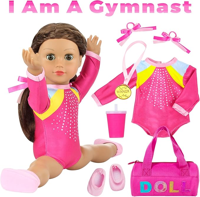 K.T. Fancy 18 Inch Doll Gymnastics Clothes Set - Pink Leotard, Shoes, Gym Bag, Olympic Medal, Water Bottle & Hair Accessories for Play （Doll Not Included）