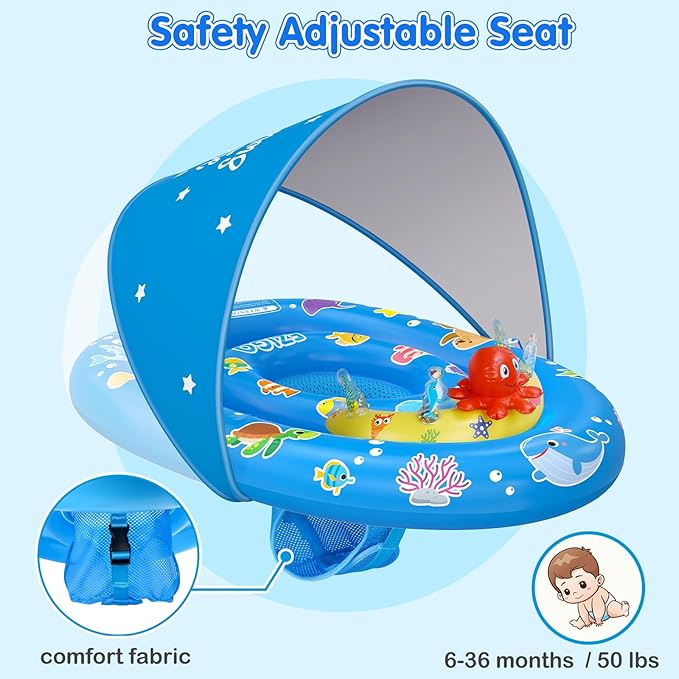EZIGO Baby Pool Float with Canopy UPF50+ Sun Protection, Inflatable Kids Pool Floats with Ocean Animal Toys for Baby 6-36 Months, Infant Swimming Float with Adjustable Safety Seat for Boys Girls