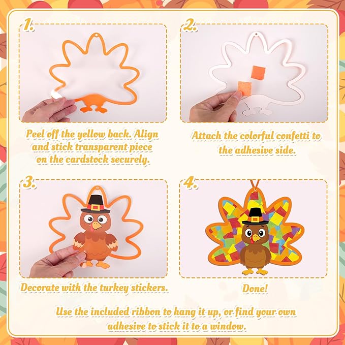 Renbuzhu 36PCS Thanksgiving Crafts Bulk: Turkey Paper Suncatchers DIY Kit for Fall Activities Decorations, Window Stained Glass Effect Art Supplies