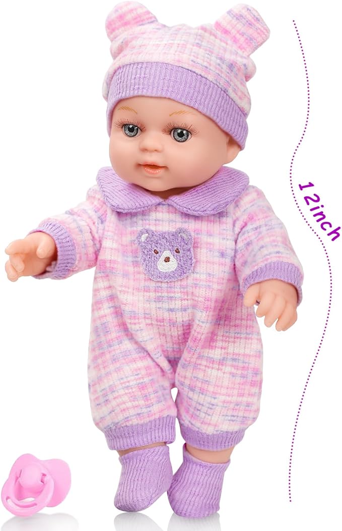 XFEYUE 12'' Baby Doll with Bear Pattern Backpack in Gift Box,Including Clothes Accessories, Backpack, Baby Bottle, Pacifier, Hat, Socks, and Handkerchief for 3+ Child Girls Gifts