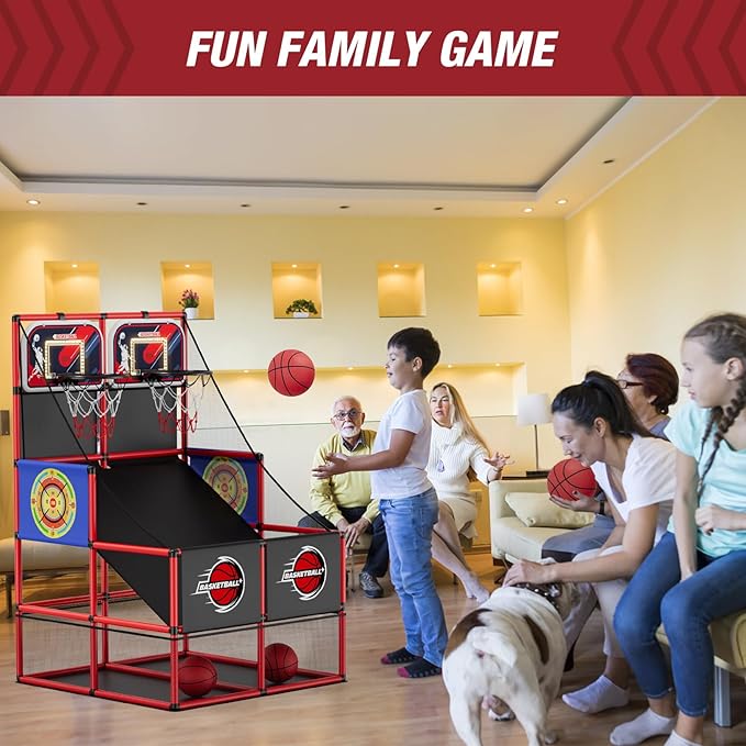 2 in 1 Dual Shot Basketball Arcade Game with 2 Dart Boards/Electronic Scoreboard/LED Light, Kids Basketball Hoop for Home Indoor Outdoor, Sport Toys for Boys Girls