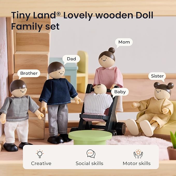 Tiny Land Wooden Dollhouse People Set, 5-Piece Poseable Wooden Doll Family with Dad, Mom, Brother, Sister, Baby and Stroller, Dollhouse Accessories Toy Pretend Play Gift for Kids Ages 3+