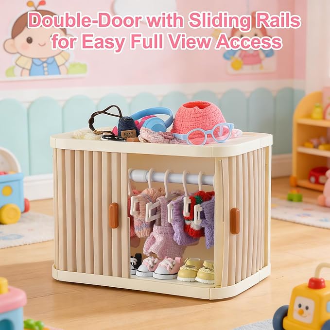 Foldable Doll Wardrobe Closet for Labubu Clothing - Double Sliding Door Stackable Storage Box for 4-7 Inch Doll Clothes, Large Capacity Doll Clothes Organizer with 10 Hangers & Rod (Gray)
