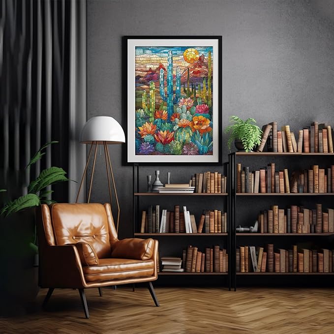 Cactus Puzzles for Adults 1000 Pieces and up, PICKFORU Stained Glass Puzzle Including Mosaic Art Cactus, Colorful Succulent Puzzles for Plant Lovers