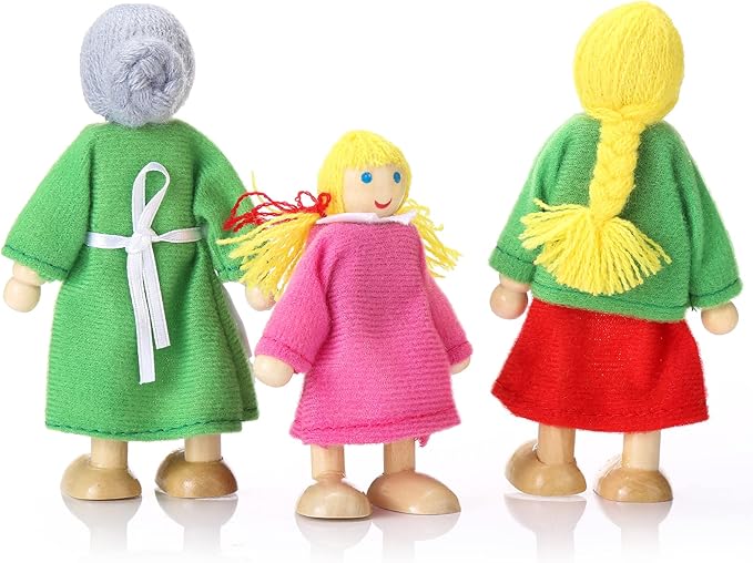 Jzszera Wooden Dollhouse Family Set of 7, Mini Figures for Pretend Play, Classic Doll House Accessories for Kids & Toddlers