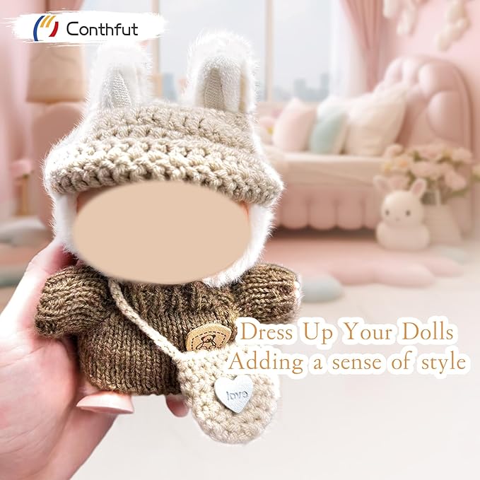 17cm Doll Clothes, Clothes for Dolls Outfit, Accessories for Dolls Clothes,Cute Clothes Set for Doll,No Doll Included(Brown Sweater + Khaki Bag + Hat)