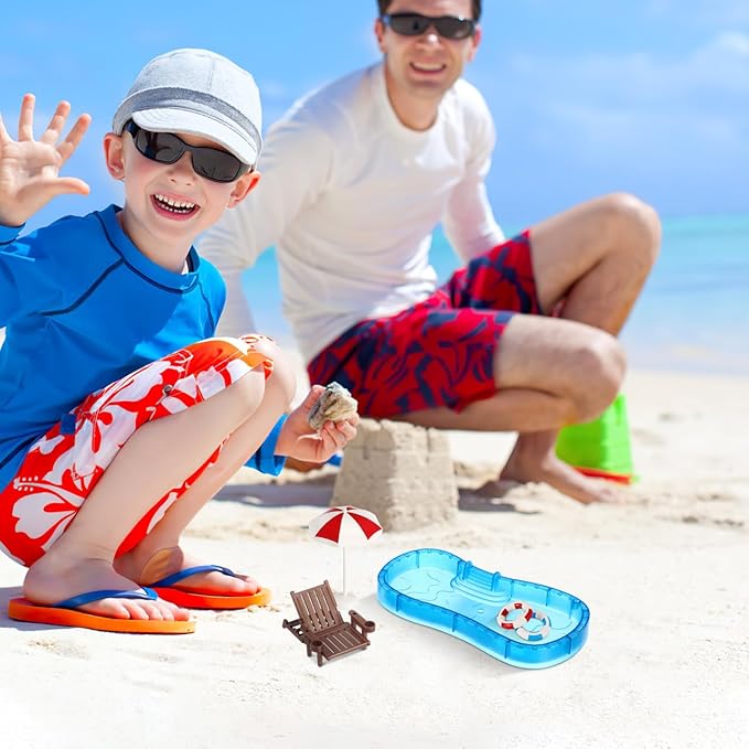 Abaodam Beach Mini House Decoration, Mini Swim Pool with Ring Chair Umbrella, Summer Seaside Miniatures Beach Swimming Pool Set for Crafts Dollhouse Scene Decor