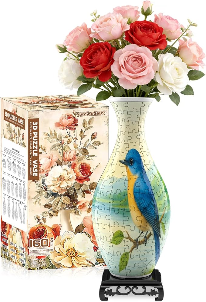 3D Puzzles Vase for Adults, Crafts for Adults, 160 Pieces Plastic DIY Unique Flower Vase with LED Light House Warming Gift Birthday Gifts for Flower Arrangements and Home Decor (Bird)