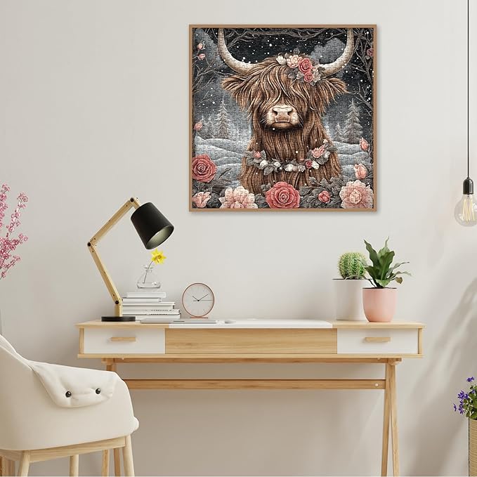 Art Highland Cow Snow Jigsaw Puzzle 1000 Piece for Adult, Animal Flower Plant Winter Jigsaw Puzzles, Difficult Aesthetic Pretty Challenging Puzzle