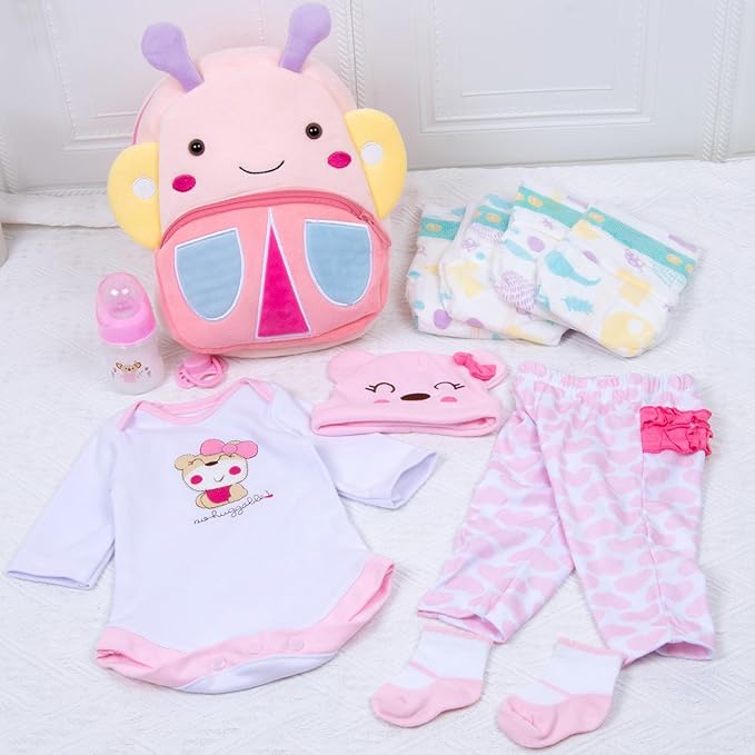 Pedolltree 11 Pcs Set Reborn Baby Dolls Clothes Girl Outfit Accessories for 17-22 Inch Reborn Doll Newborn Girl with Butterfly Backpack Diaper