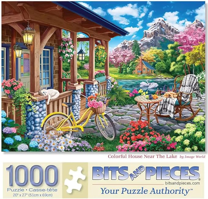 Bits and Pieces - 1000 Piece Jigsaw Puzzle for Adults - 20" x 27" - Colorful House Near The Lake - 1000 pc Mountainside Retreat Spring Jigsaw