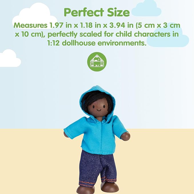 PlanToys® Boy Wooden Dollhouse Figurine | Poseable 1:12 Scale Mini Doll (4 Inch) | Dollhouse Accessories for Pretend Play | Eco-Friendly Montessori Toy for Kids Ages 3+