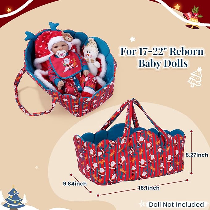 BABESIDE 8 Pcs Christmas Reborn Baby Doll Clothes Set with Bassinet for 17–22 Inch Babydolls, Dolls Santa Outfit with Doll Blanket and Baby Dolls Accessories, Ideal Gift for Kids 3+