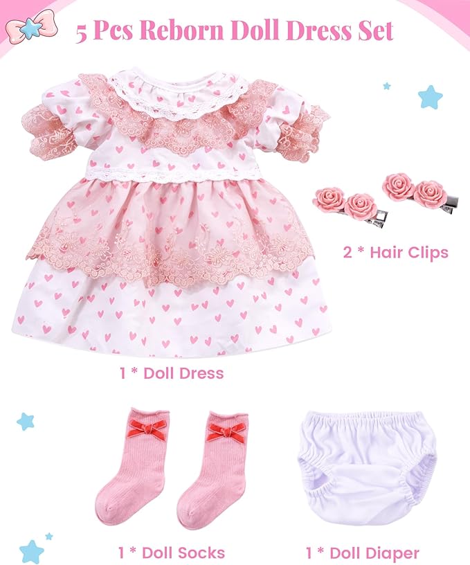 BABESIDE 5 Pcs Reborn Baby Doll Clothes Accessories Set for 17-22 Inch Dolls, Reborn Doll Dress with Socks Diaper Reusable and Pink Rose Hair Clips for Realistic Baby Dolls Girls