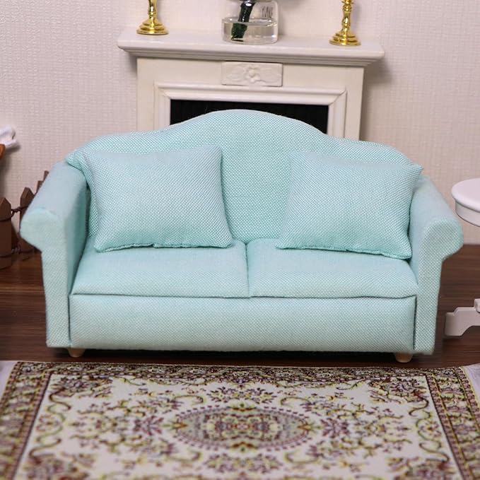 Dollhouse Couch Miniature Sofa with Pillows Dollhouse Living Room Funiture 1:12 Scale Model 3 Pcs High Simulation Upholstered Wooden Fabric Armchair Mini Room Artificial House Scene Decoration (Green)
