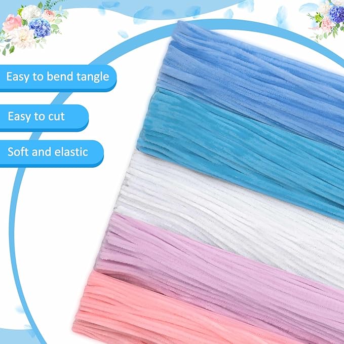 Peryiter 500 Pieces Pipe Cleaners Chenille Stems for Flowers Craft Supplies Bulk Fluffy Fuzzy Sticks for DIY Art Projects Creative Gift Wrapping Party Decorations (Blue & Pink Flower,12 Inch)