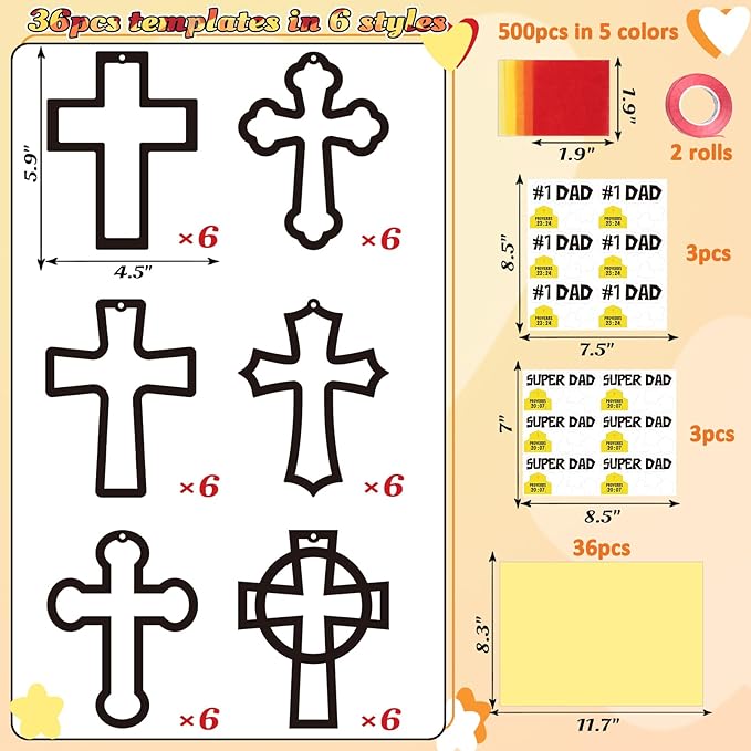 Renbuzhu 36PCS Fathers Day Crafts Bulk: Father's Religious Paper Suncatchers, Christian Sunday School Classroom Activity DIY Kits Gifts Decorations, Window Stained Glass Effect Art Supplies