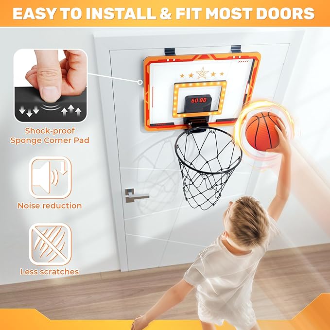 Indoor Basketball Hoop, for Boys 8-12, Led Light Mini Hoop with Electronic Scoreboard, Indoor Basketball Hoop for Kids, Boy Birthday Presents