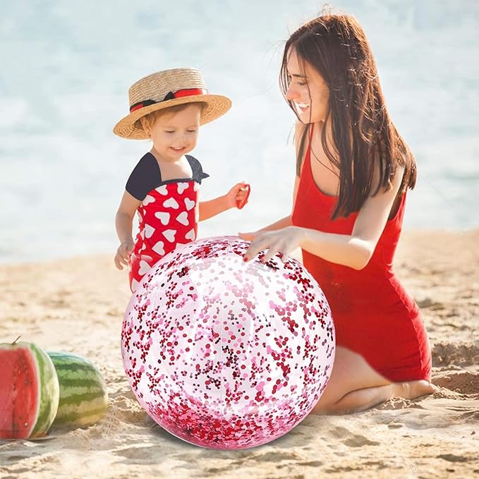 5 Pcs Inflatable Beach Balls, 16 Inch & 24 Inch Large Confetti Glitter Beach Balls, Sequins Clear Blow up Pool Balls Toys for Christmas Party Decorations 2026 New Year Birthday Summer Swimming Pool