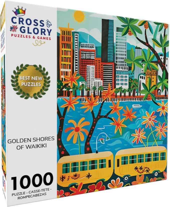 Cross & Glory - Golden Shores of Waikiki - 1000 Piece Jigsaw Puzzle for Adults | Best New Honolulu Artwork Puzzle | Unique Hawaiian Island Challenge