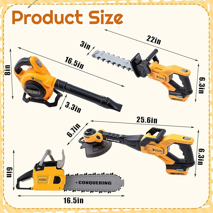 4 Pcs Toy Gardening Tool Set for Kids Toy Leaf Blower Weed Trimmer Hedge Trimmer Chainsaw Play Set with Lights and Sounds Birthday Gifts for Christmas Boys Girls