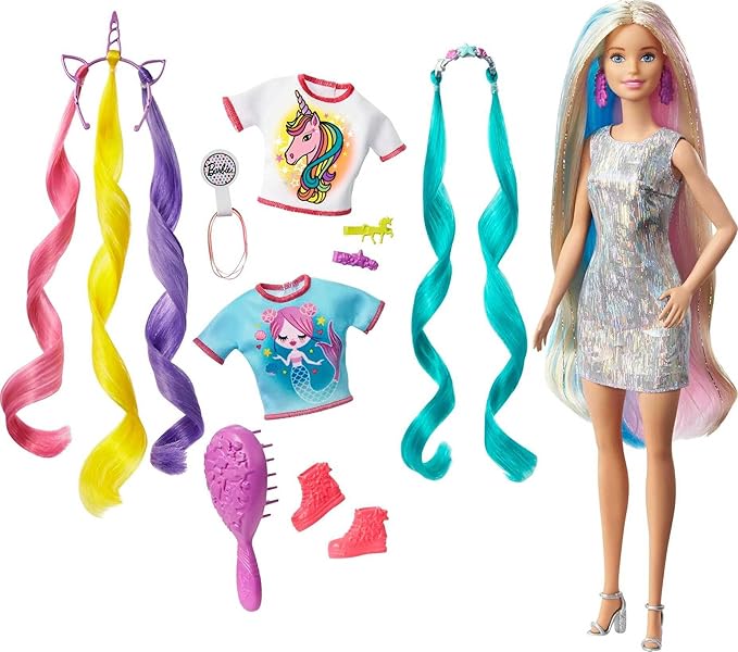 Barbie Fantasy Hair Doll, Blonde, with 2 Decorated Crowns, 2 Tops & Accessories for Mermaid and Unicorn Looks, Plus Hairstyling Pieces, for Kids 3 to 7 Years Old (Amazon Exclusive)