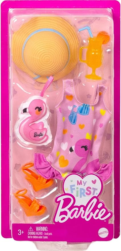 Barbie My First Barbie Clothes, Fashion Pack for 13.5-inch Preschool Dolls, Set withSwimsuit, Flamingo & Beach Accessories