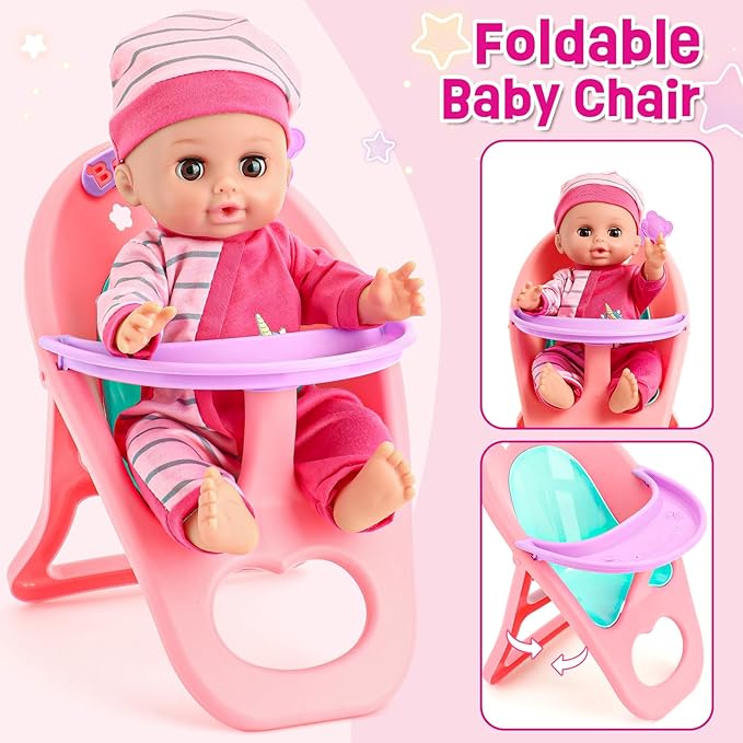 Golray 12in Girl Baby Doll Crib and High Chair Set - Sound&Pee Interactive Baby Doll with 20pcs Accessories Diaper Bag/Cradle/2 Clothes, Feeding Nursery Pretend Play Toddler Girl Toy Gift 3 4 5 6 Year