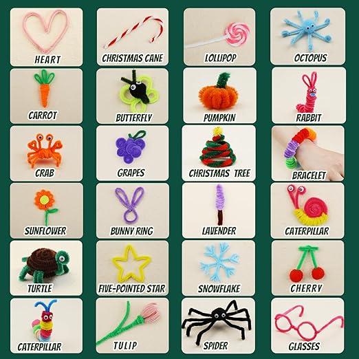 Zlulary 200 Pcs Pipe Cleaners Craft, Pipe Cleaners Chenille Stem, Pipe Cleaners for Crafts, Pipe Cleaners Craft Supplies with Instructions, Pom Poms, Pipe Cleaner Art Kits