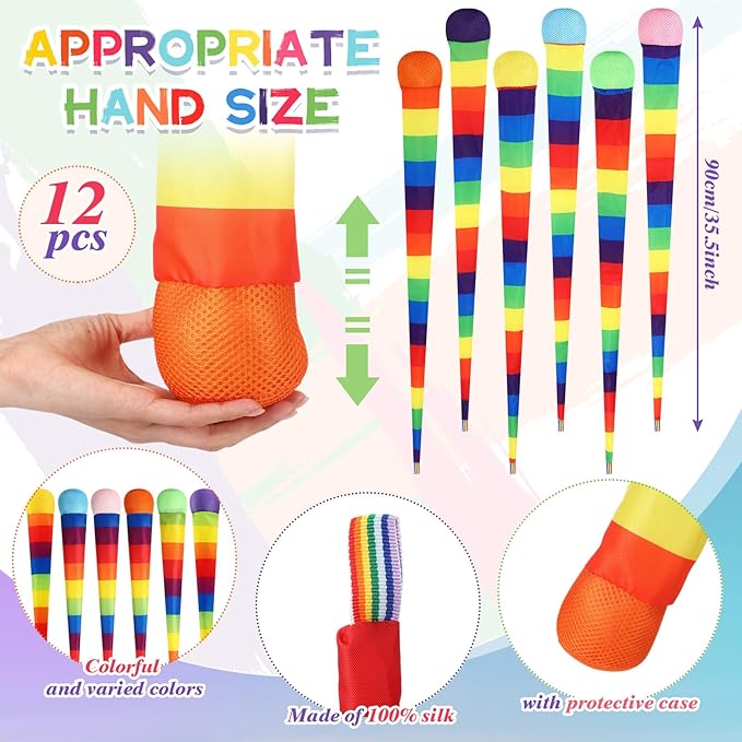 Leyndo 12 Pcs 35 Inch Throw and Catch Balls with Rainbow Tail, Soft Sports Play Comet Balls Playground Toys Bulk for Kids Adults Games and Activities Fun Throwing School (Classic)