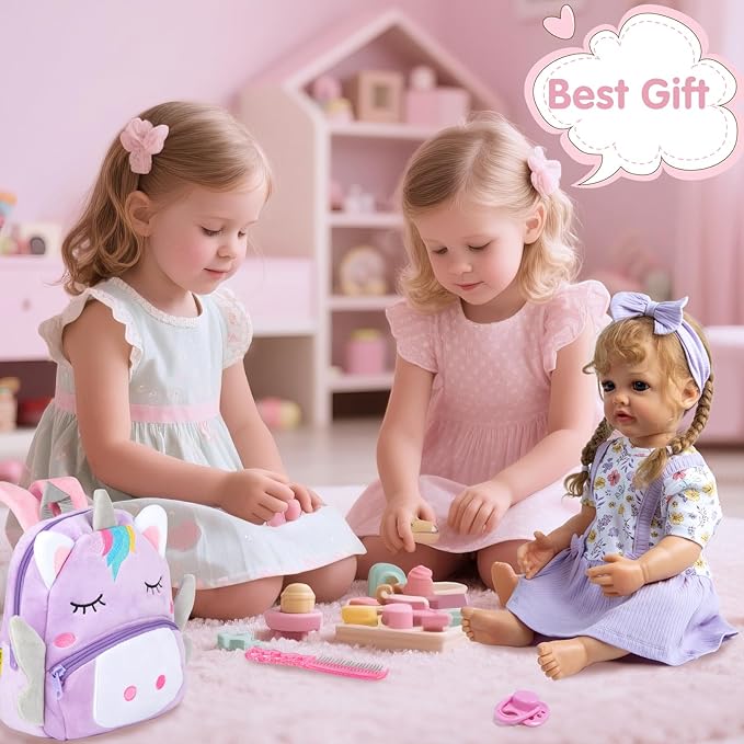 10Pcs Reborn Baby Doll Accessories Set, Purple Reborn Dolls Baby Clothes 17-22 Inch Girl Doll Outfit Floral Dress with Backpack & Feeding Babydoll Accessories