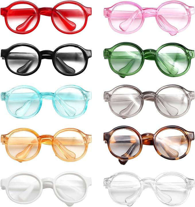 10 Pcs Doll Glasses, Mini Eyeglasses with Clear Lenses, Doll Dress Up Glasses, ABS Frame Eyewears, Colorful Fashion Accessories, Fashion Costume Supplies for 3.94-6.69" Dolls