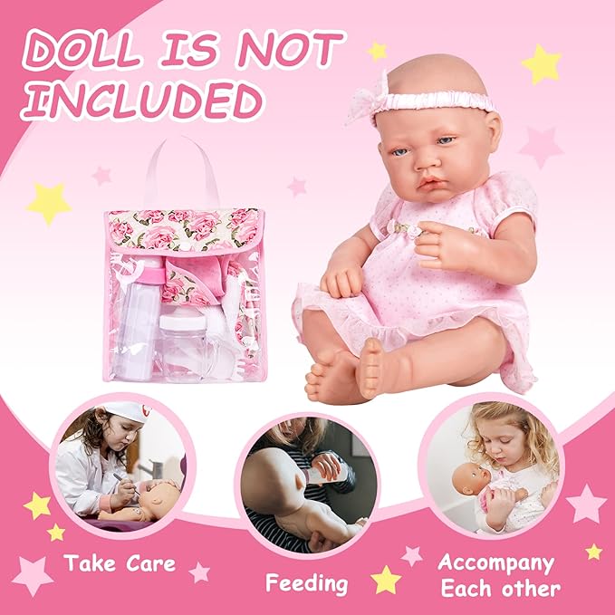 Rakki Dolli Feeding Set Nursery Bag Set for Dolls, Plate Together with Spoon, Fork, Milk Bottle, Juice Cup, Towel &Bib
